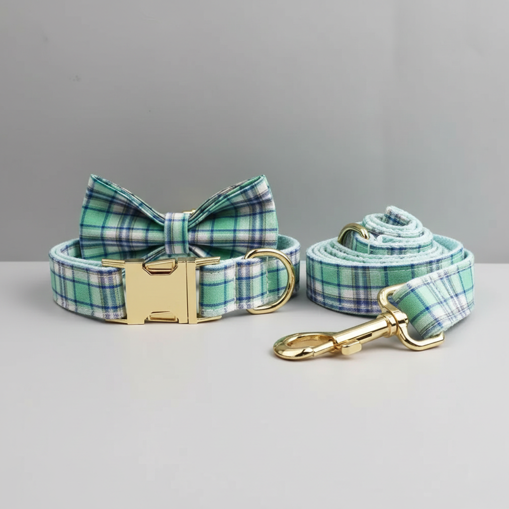 Plaid dog collar and leash set with gold hardware on a gray background