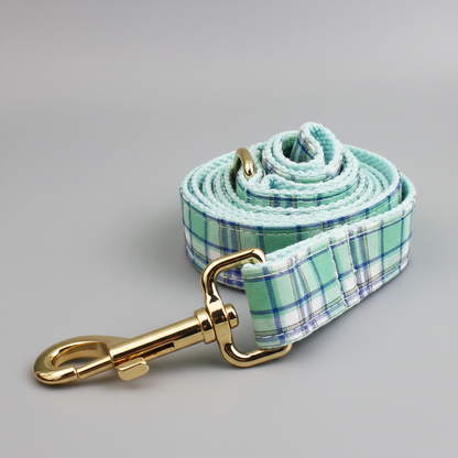 Plaid dog leash with gold clasp on a gray background