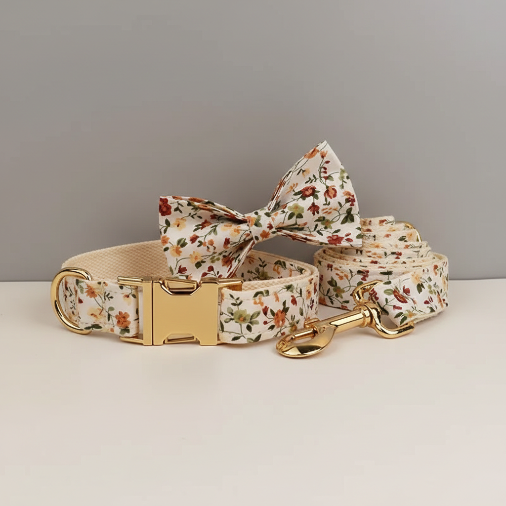 floral patterned bow and dog collar and leash