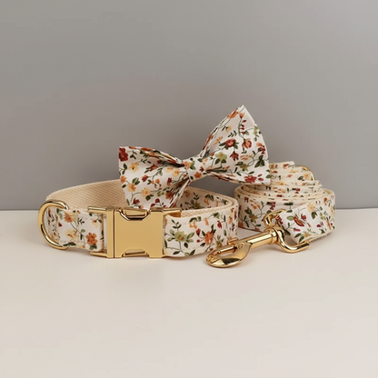 floral patterned bow and dog collar and leash