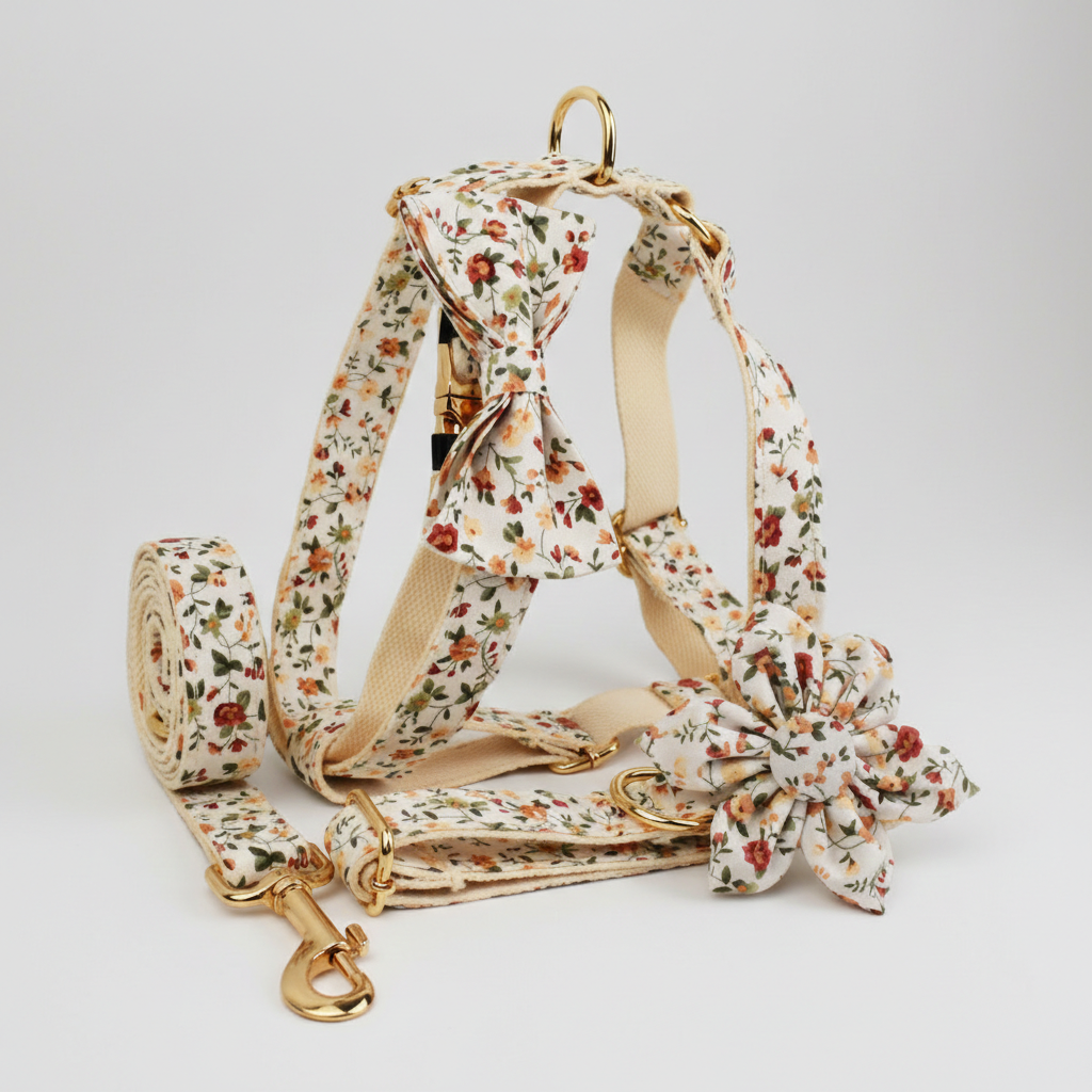 floral patterned bow and dog collar and leash and harness
