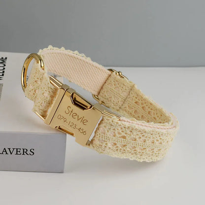 Beige lace dog collar with gold buckle and engraved nameplate on a gray background