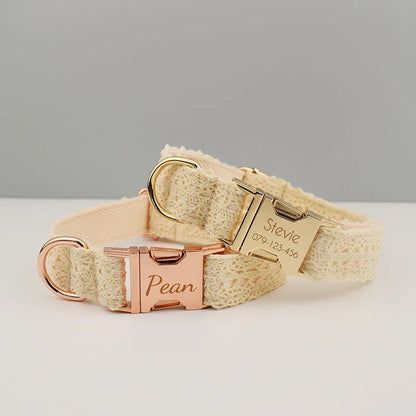 Beige dog collar with rose gold hardware and engraved nameplate on a light gray background