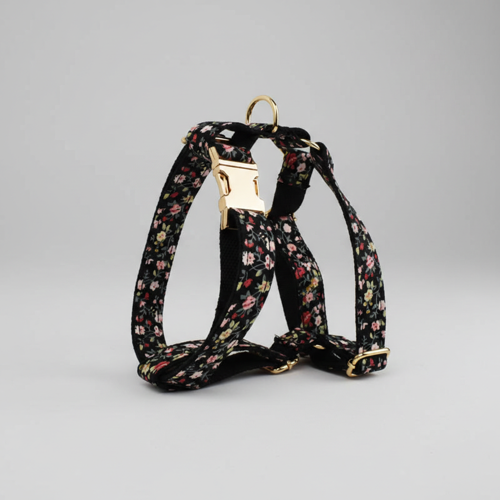 Floral-patterned dog harness on a gray background