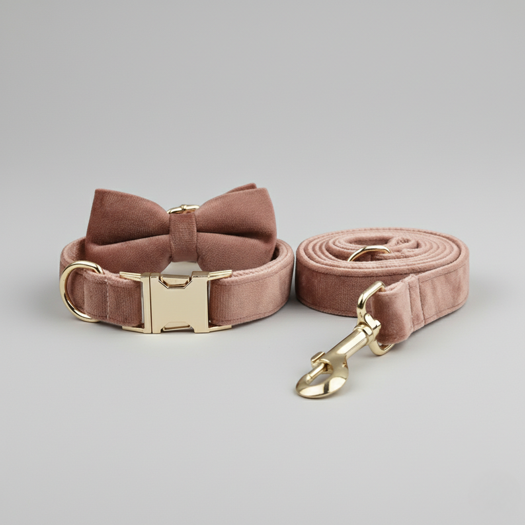 Dog collar and leash set with gold hardware on a gray background