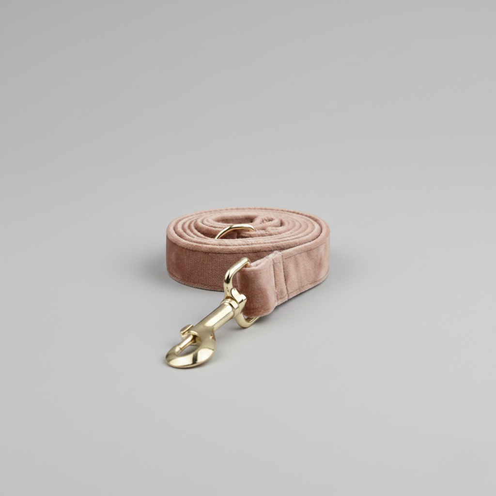Pink velvet dog leash with gold clasp on a light gray background