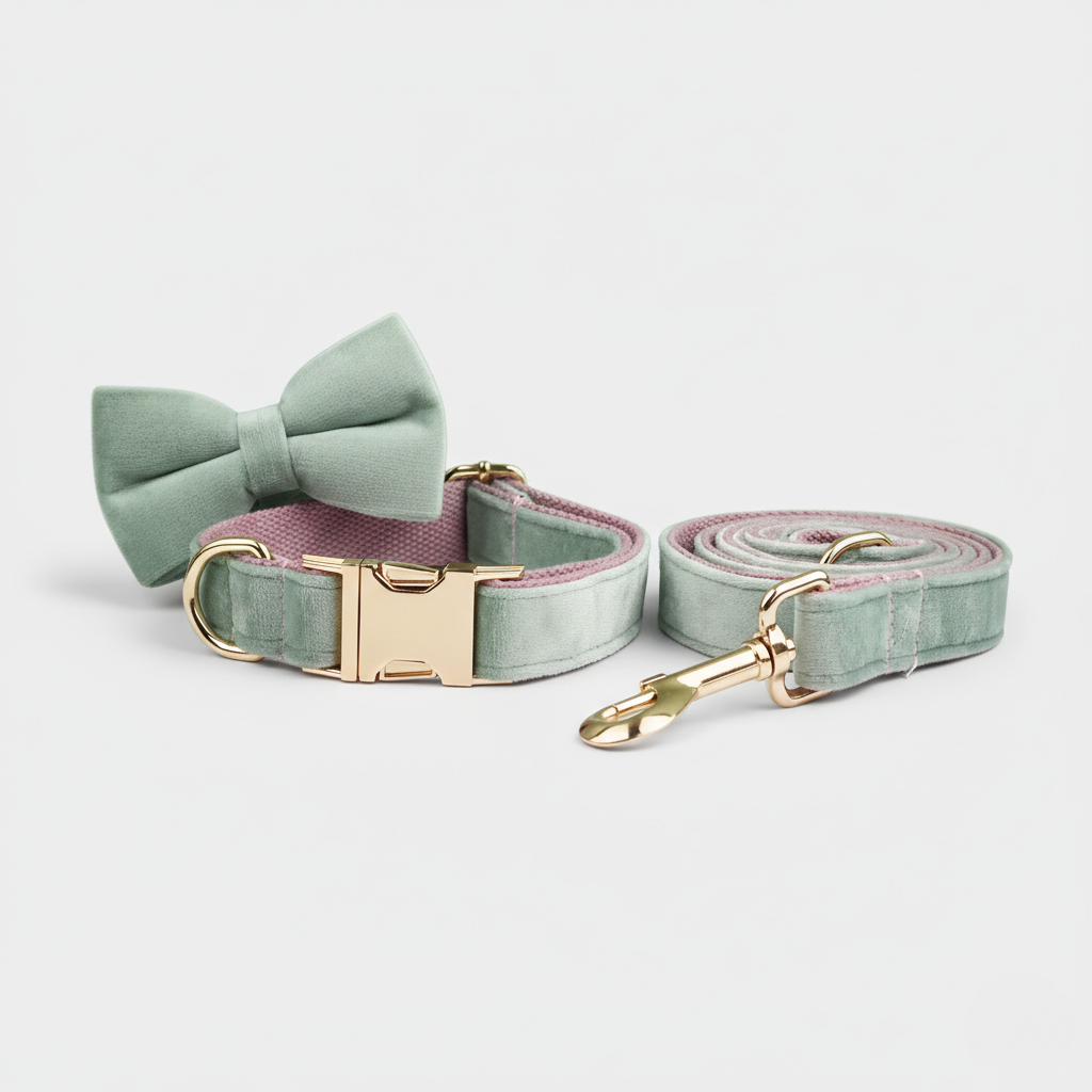 Dog collar with bow tie and leash set on a light gray background
