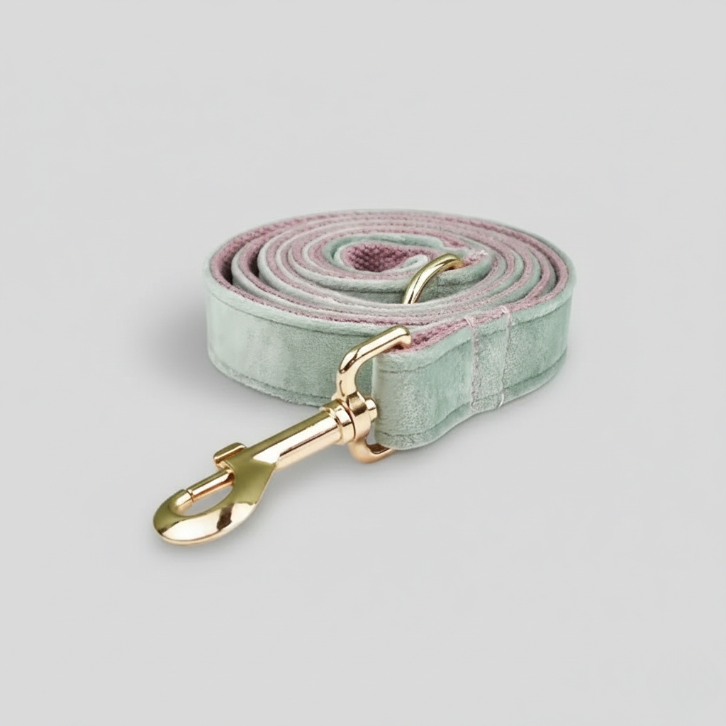 Dog leash with gold clasp on a light gray background