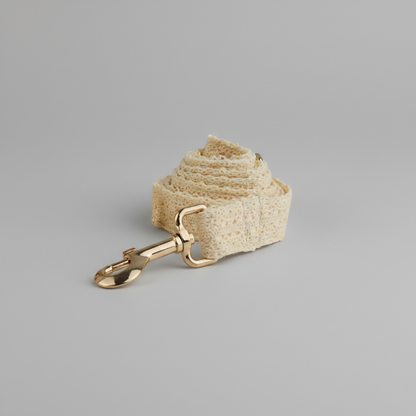 Beige dog leash with gold clasp on a gray background