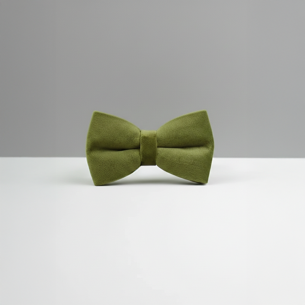 Green bow tie on a white surface with a gray background