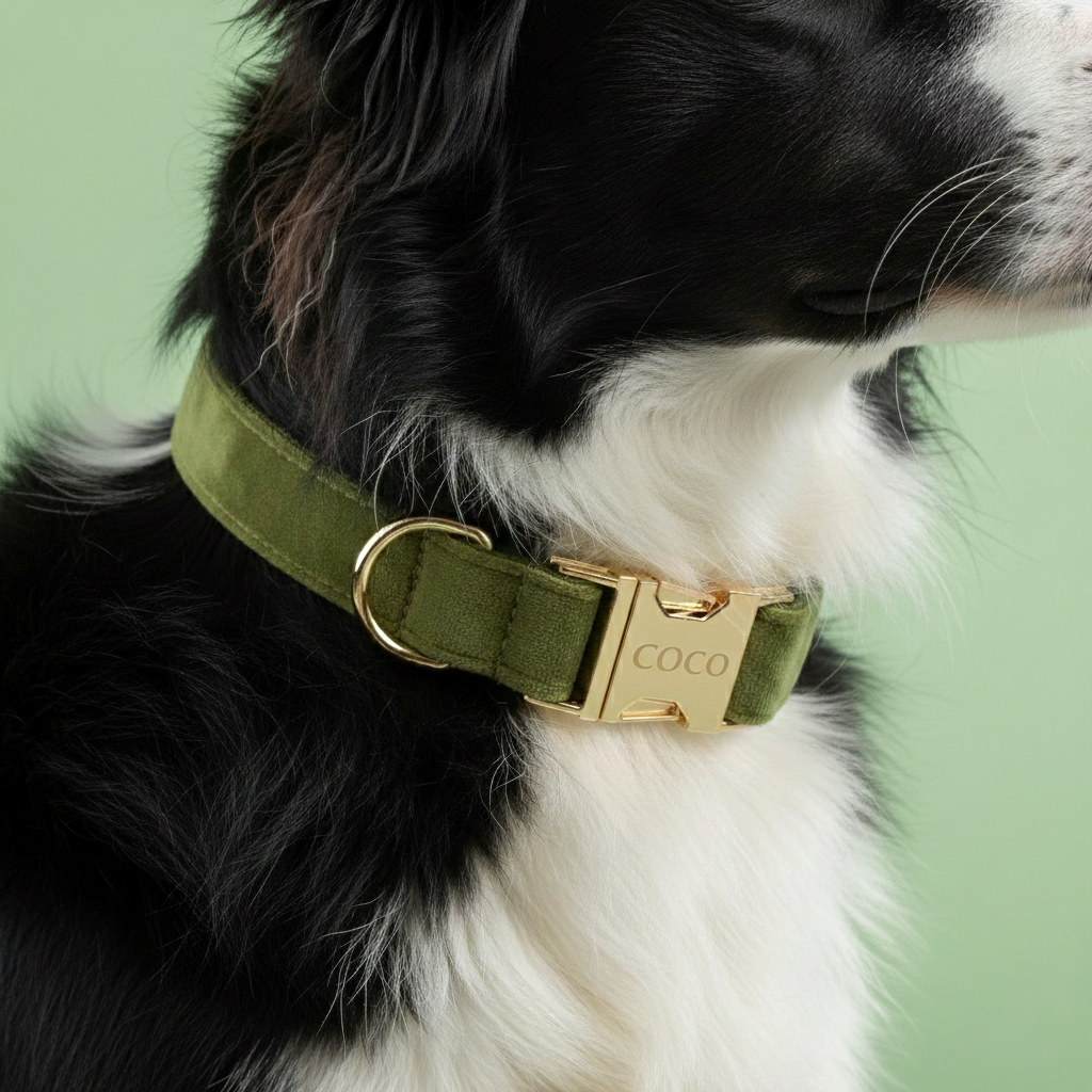 Dog wearing a green collar with a gold buckle on a light green background