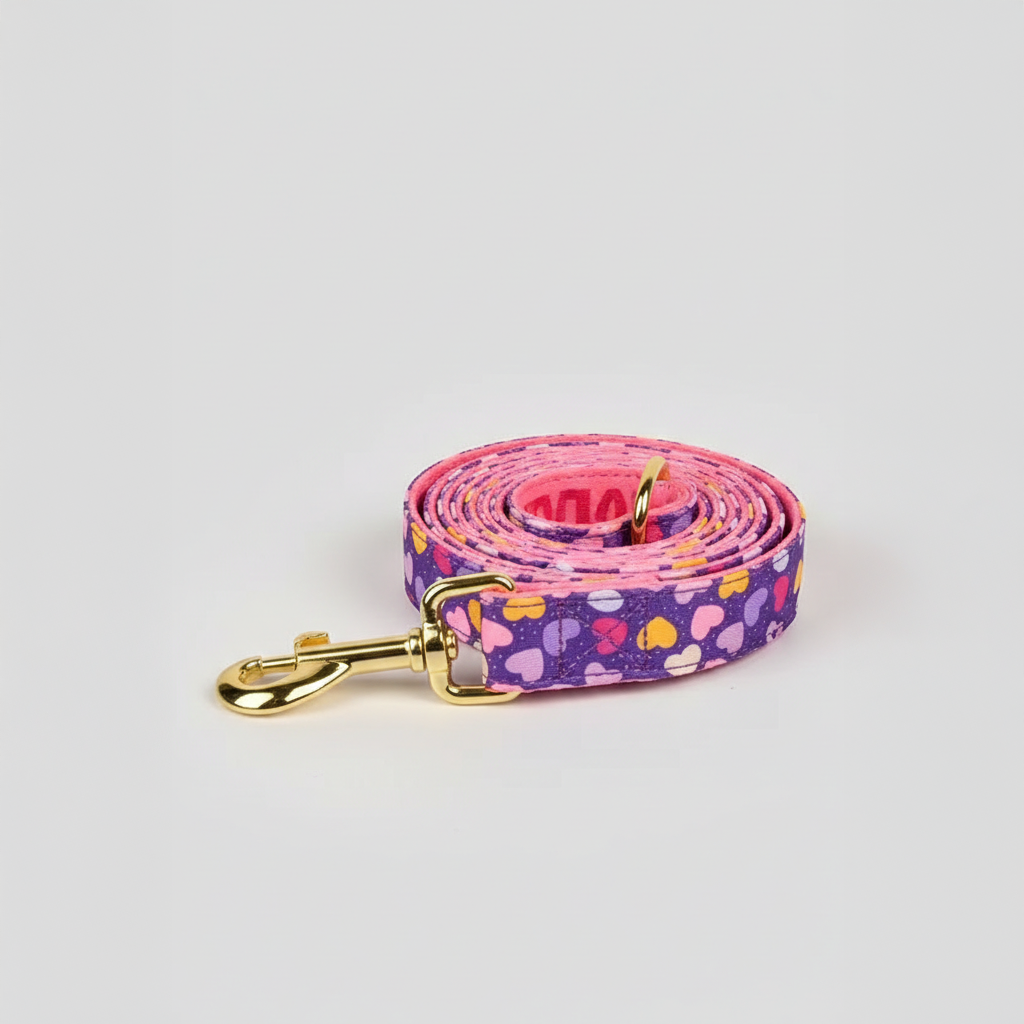 Dog leash with colorful pattern and gold clasp on a light gray background