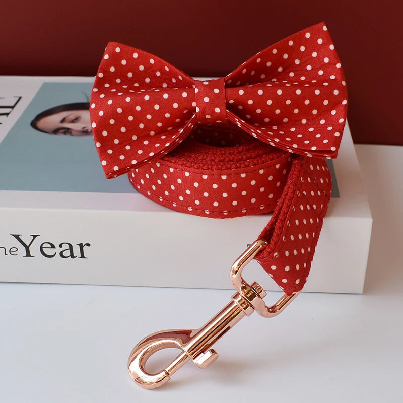 Red polka dot dog bow tie and leash with rose gold clip on a magazine