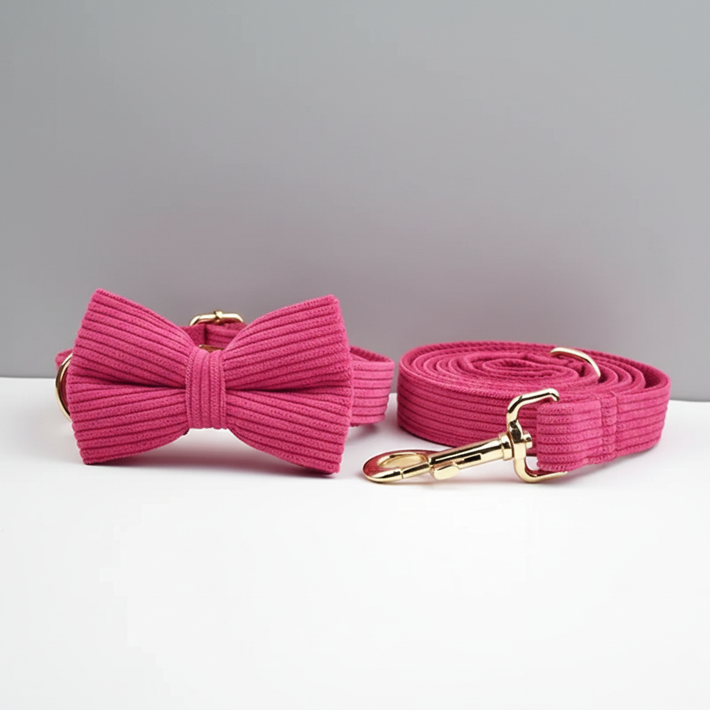 Pink dog collar with bow tie and matching leash on a white surface.