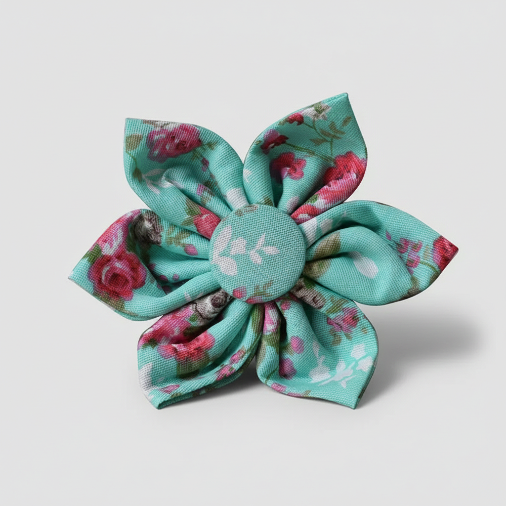 Floral fabric flower with a central button on a light gray background