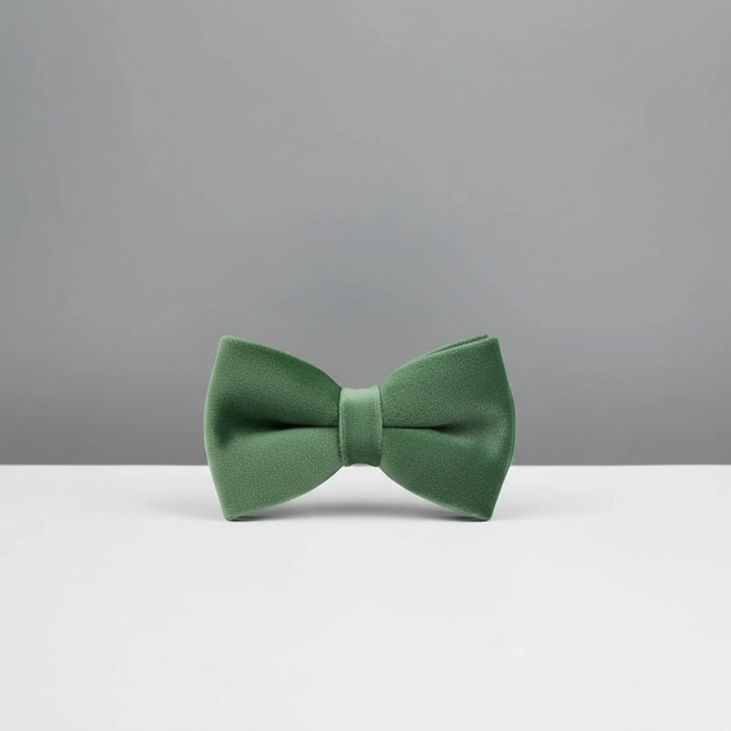 Green bow tie on a white surface with a gray background