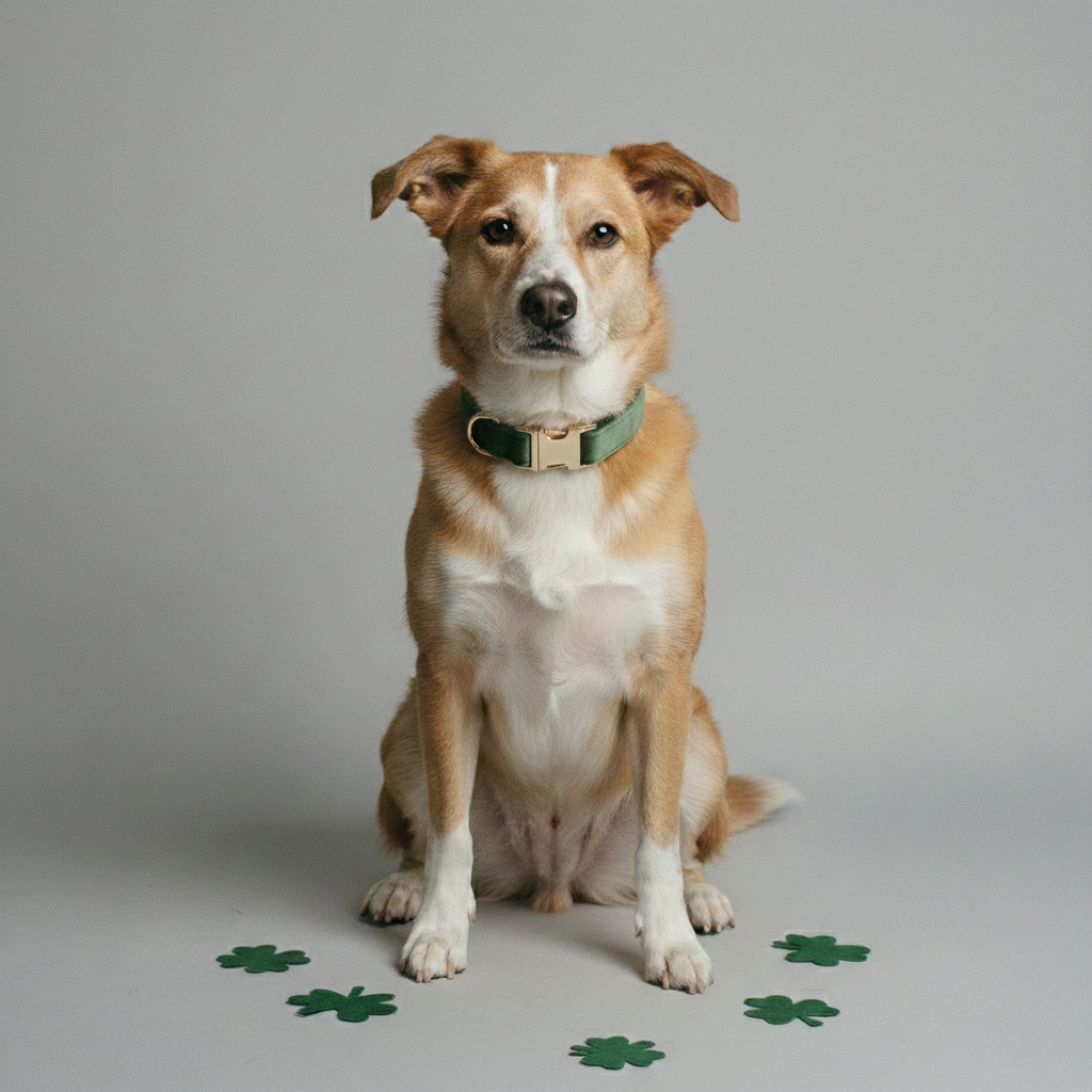 Dog wearing a green collar sitting on a gray background with shamrock decorations.