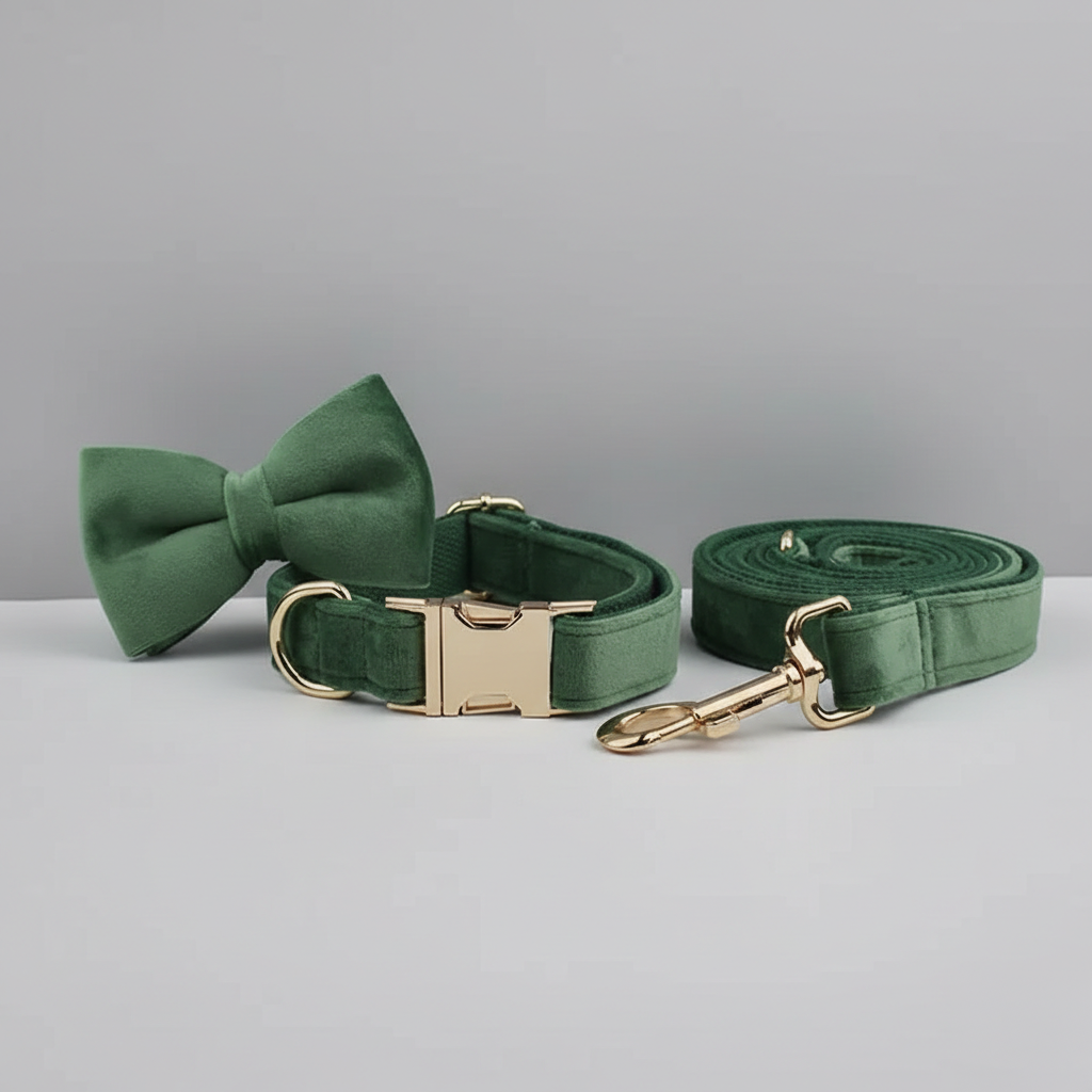 Green dog collar with bow tie and matching leash on a gray background