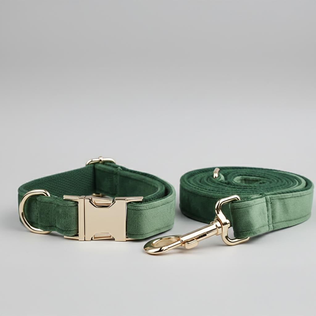 Green dog collar and leash set with gold hardware on a light gray background