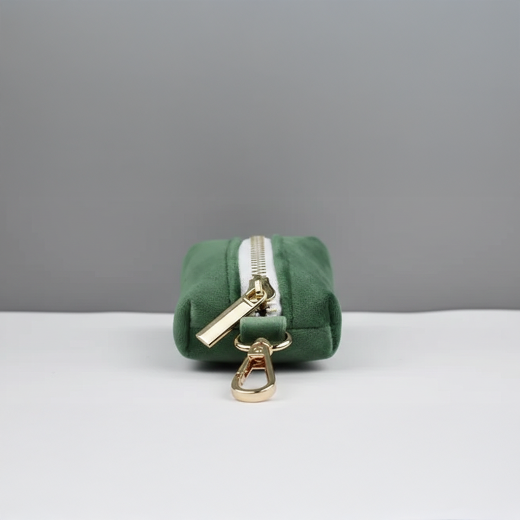 Green pouch with gold zipper and clasp on a gray background