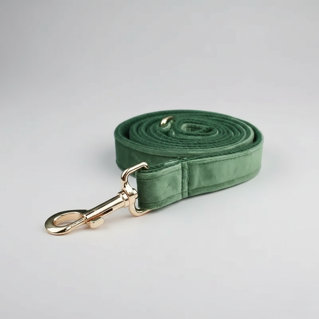 Green dog leash with gold clasp on a light gray background