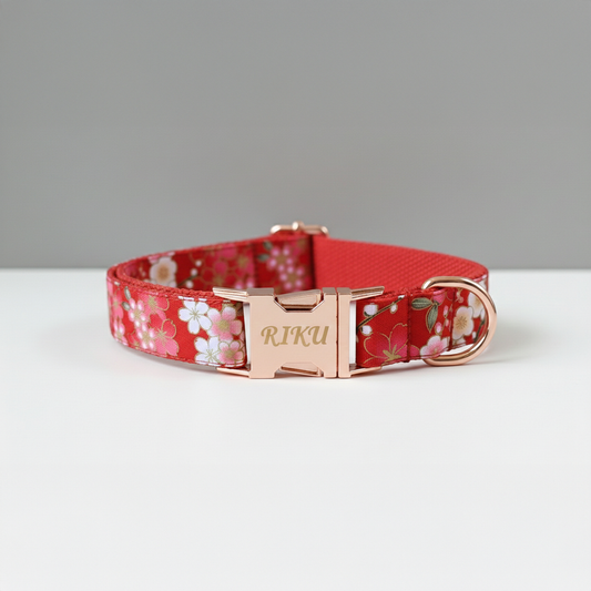 Red floral dog collar with 'RIKU' engraved on a gray background