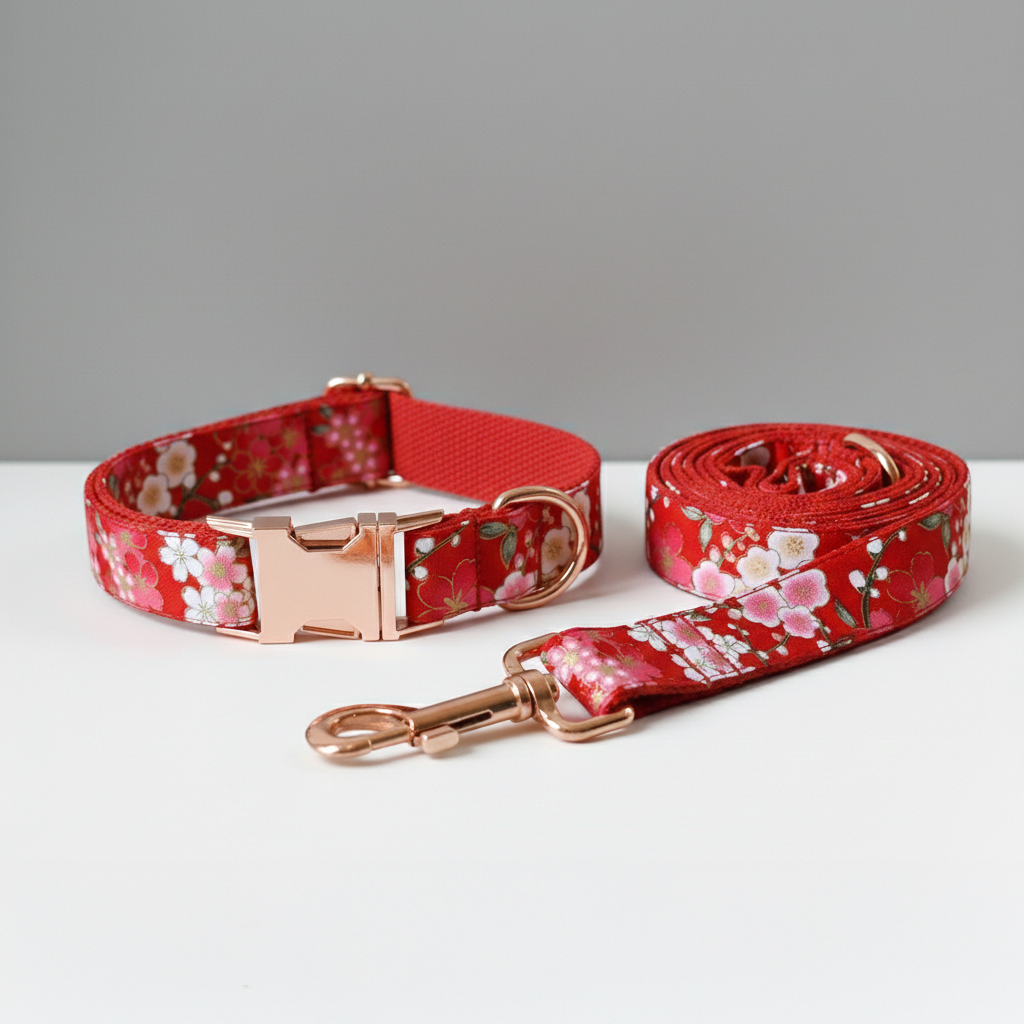 Red floral dog collar and leash set on a gray background