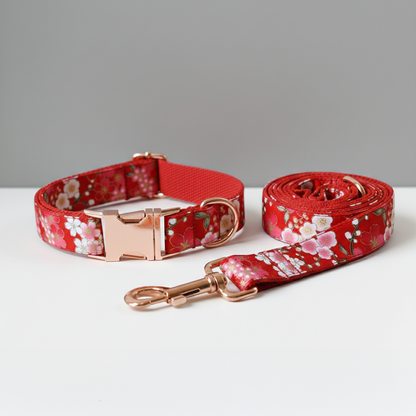 Red floral dog collar and leash set on a gray background