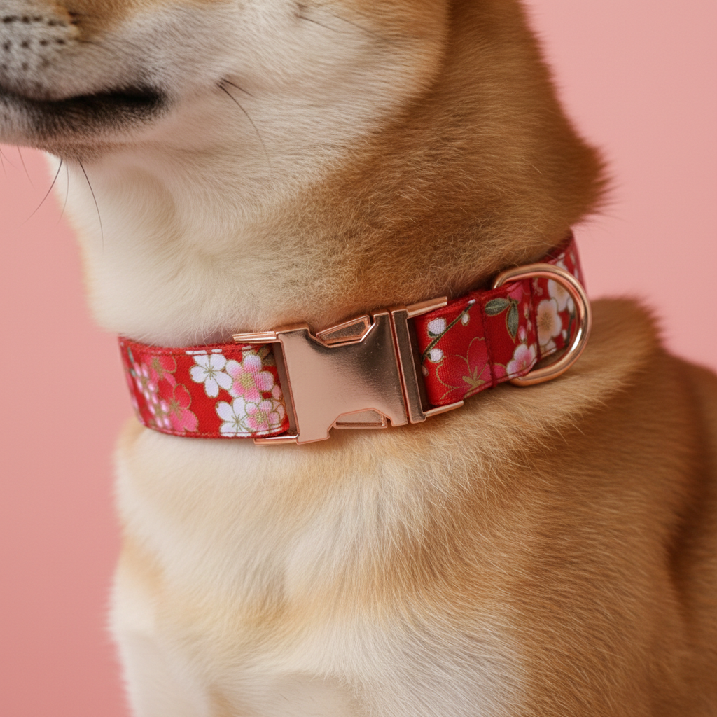 Dog wearing a red floral collar with a pink background