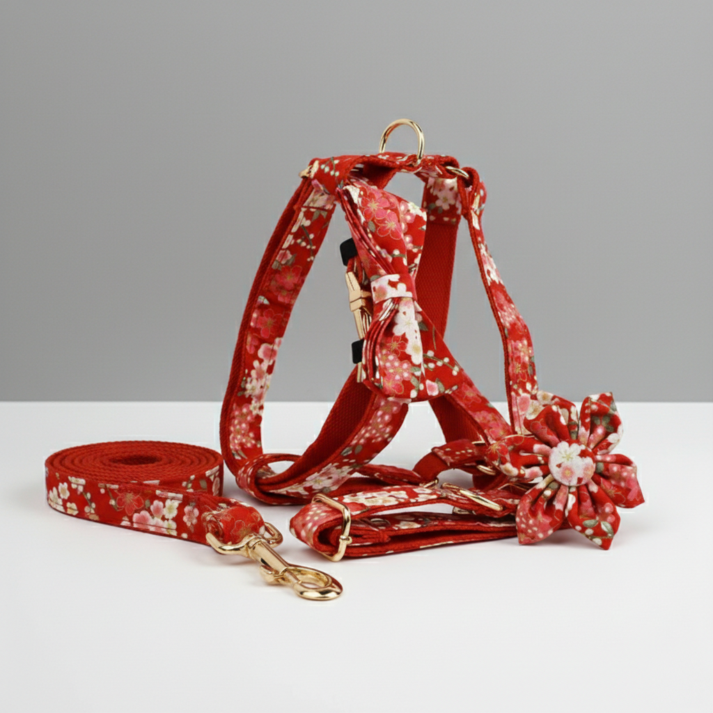 Red floral-patterned dog harness and leash set on a gray background