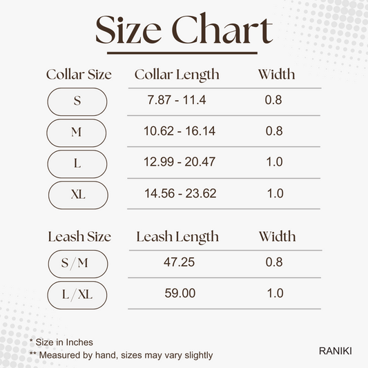 Size chart for dog collars with measurements in inches, featuring the brand 'RANIKI'.