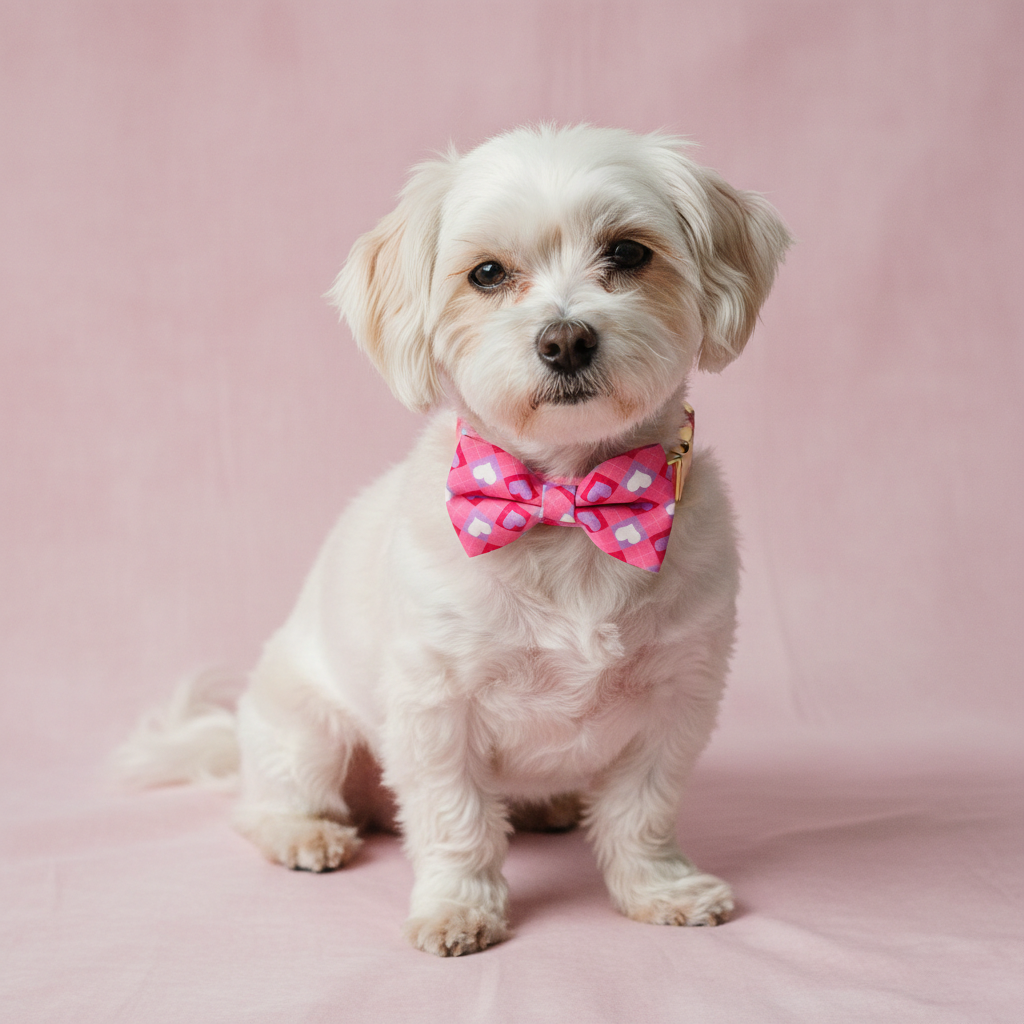 Small white dog wearing a pink bow tie on a pink background
