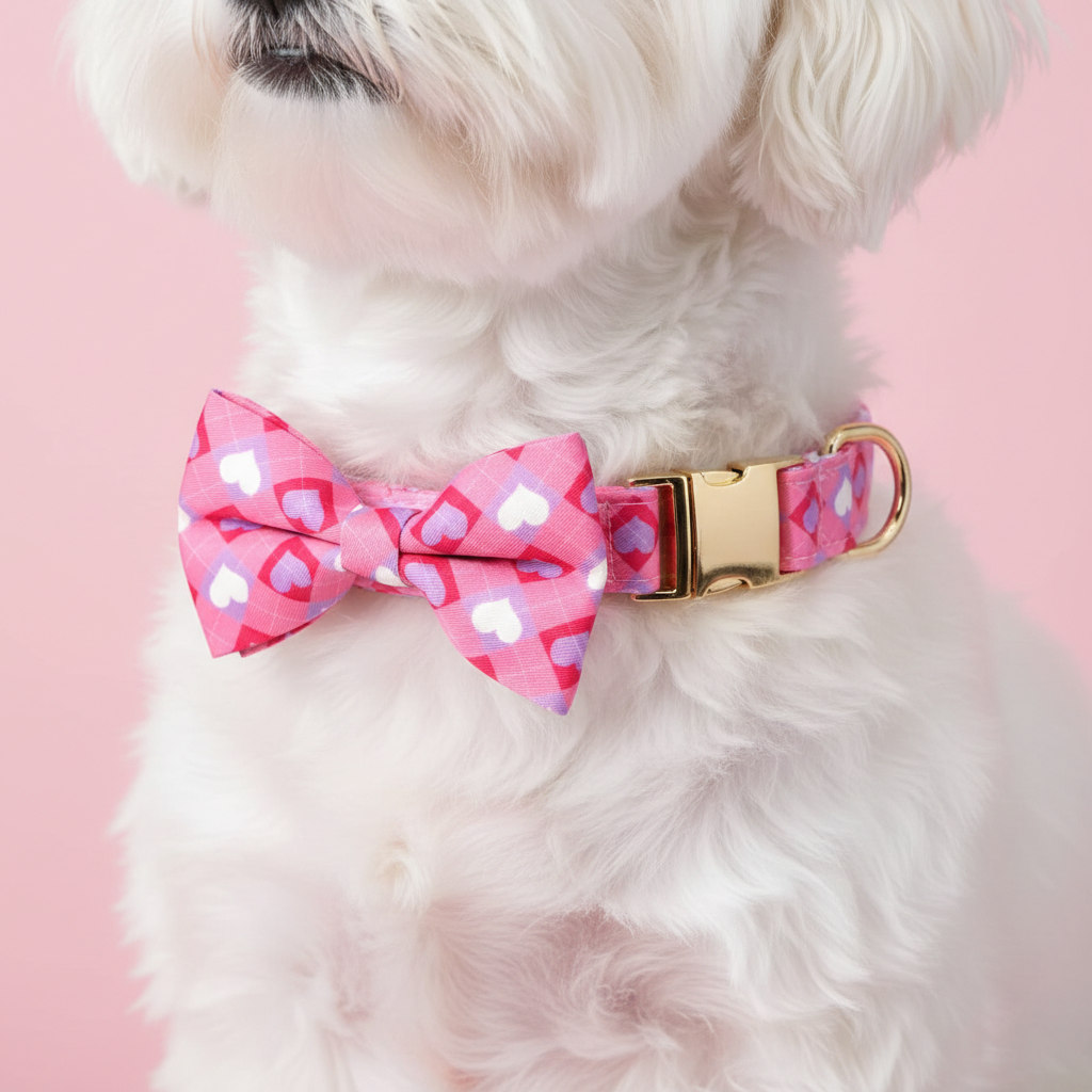 Dog wearing a pink polka dot bow tie and collar on a pink background