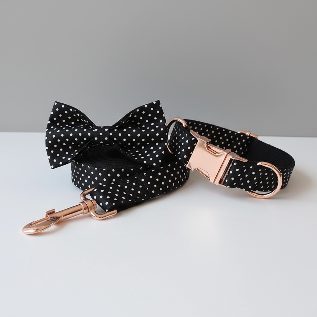 Dog collar, leash, and bow tie set with black polka dot pattern and rose gold hardware on a light gray background.