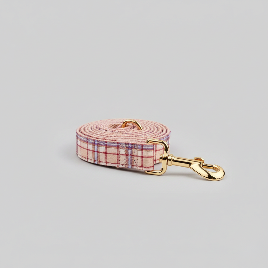 Plaid dog leash with gold clip on a light gray background