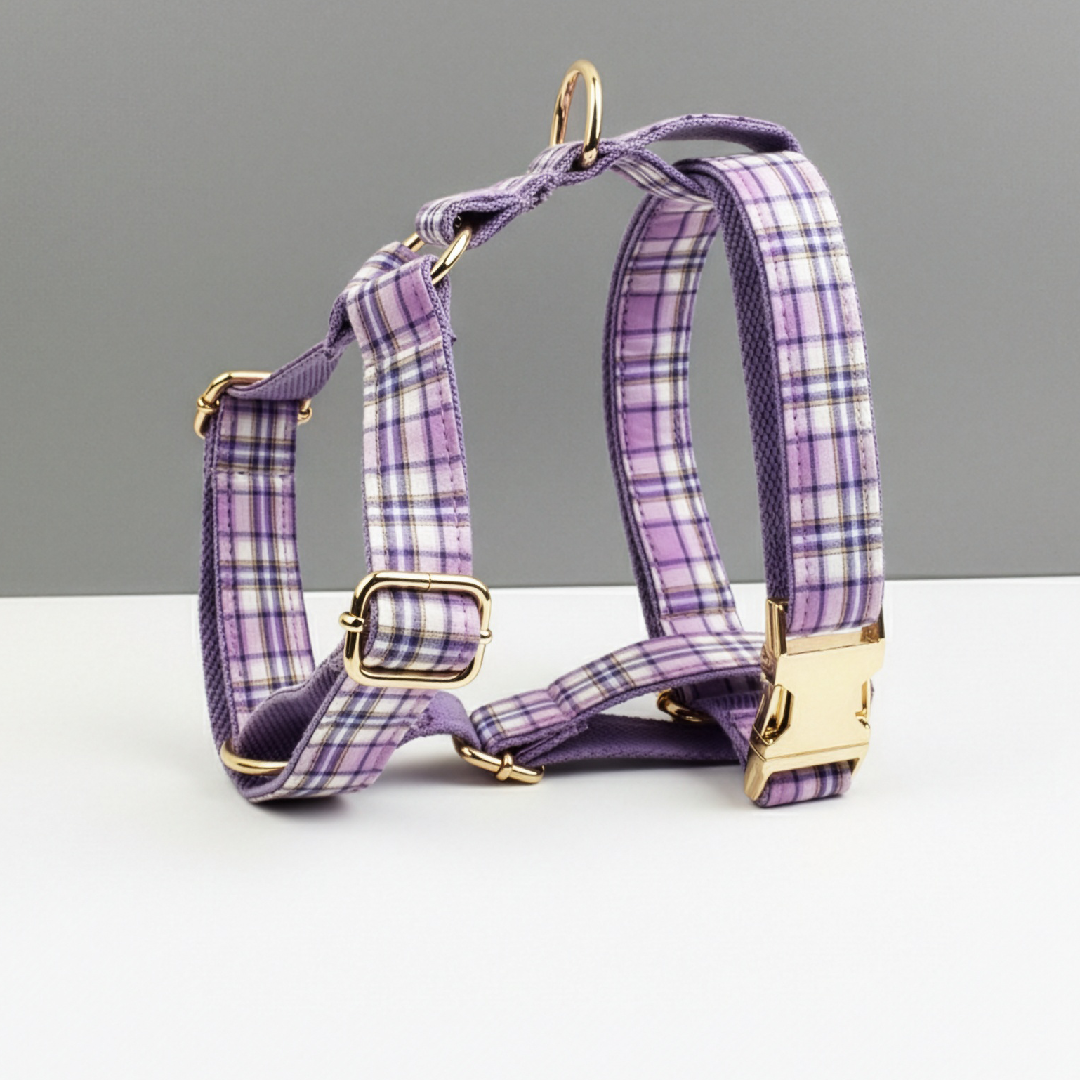 Purple plaid dog harness with gold hardware on a gray background