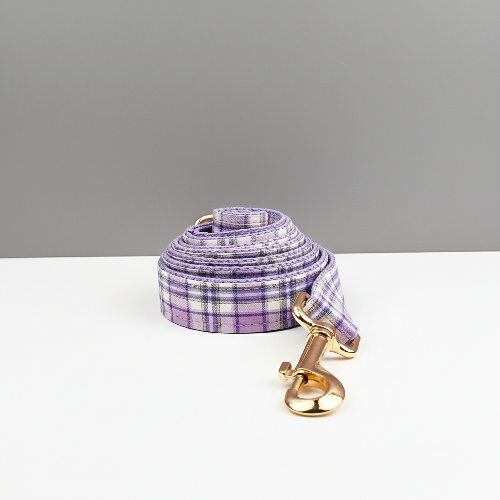 Purple plaid dog leash with gold clasp on a white surface