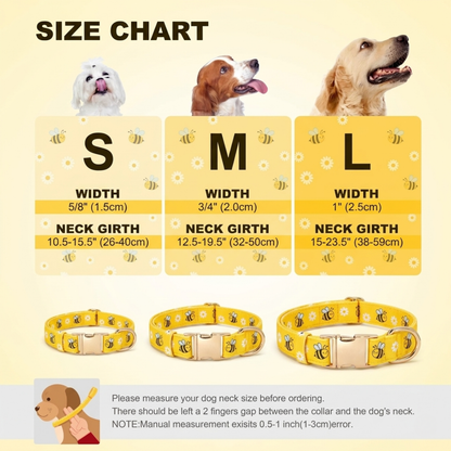 Size chart for dog collars with images of dogs and measurements on a yellow background