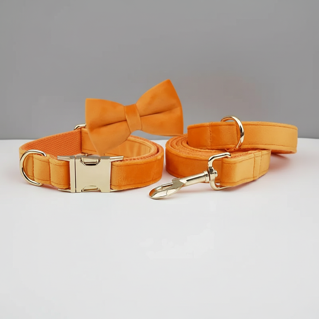 Orange dog collar, leash, and bow tie set on a gray background