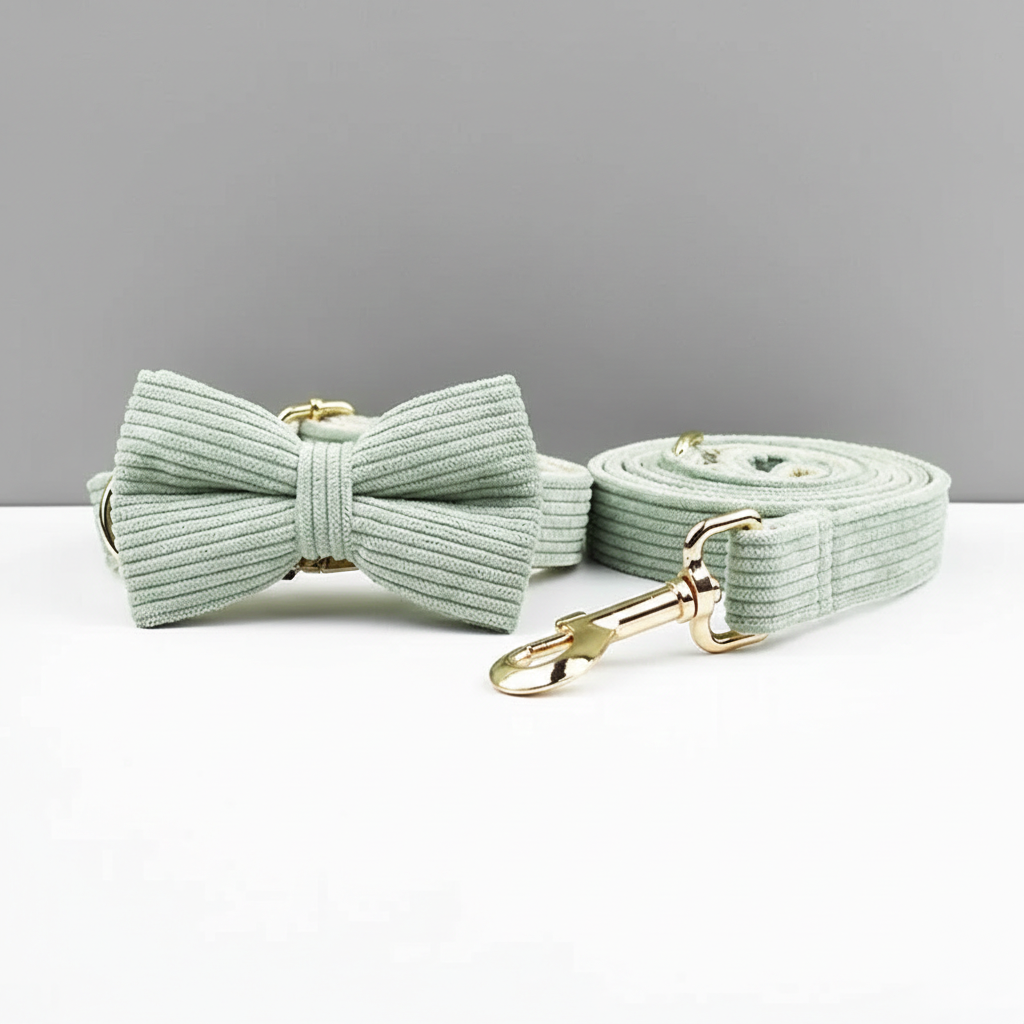 Light green dog leash, bow, and collar with gold hardware on a white surface and gray background