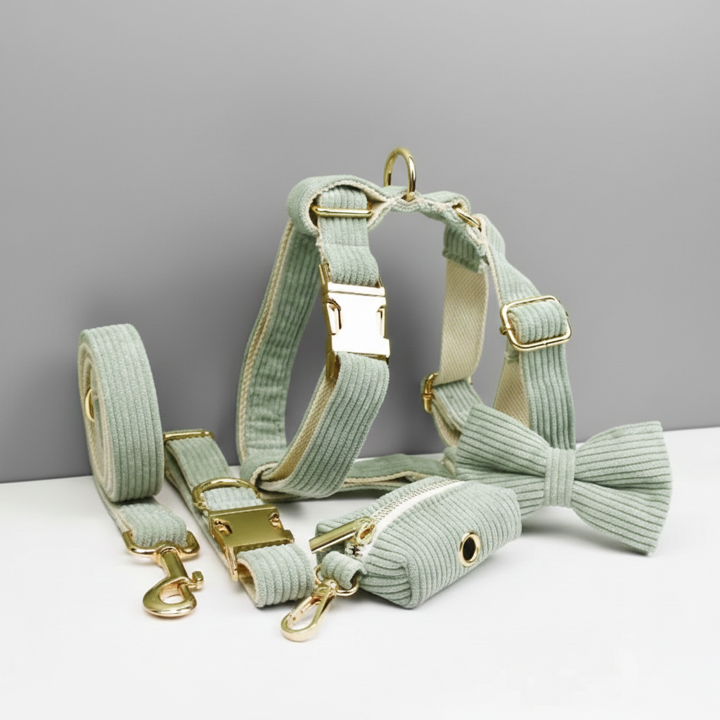 Mint green dog harness, collar, leash, waste bag holder, and bow tie set with gold hardware on a gray background