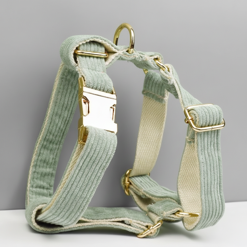 Light green dog harness with gold hardware on a white surface and gray background