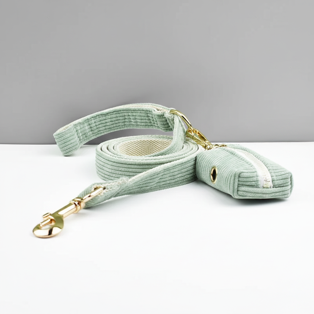 Light green dog leash and waste bag holder with gold hardware on a white surface and gray background