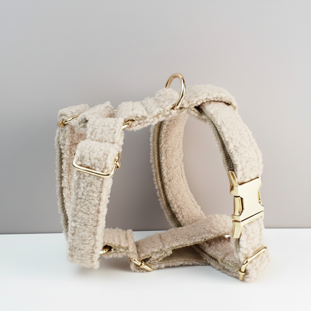 Beige dog harness with gold hardware on a light gray background