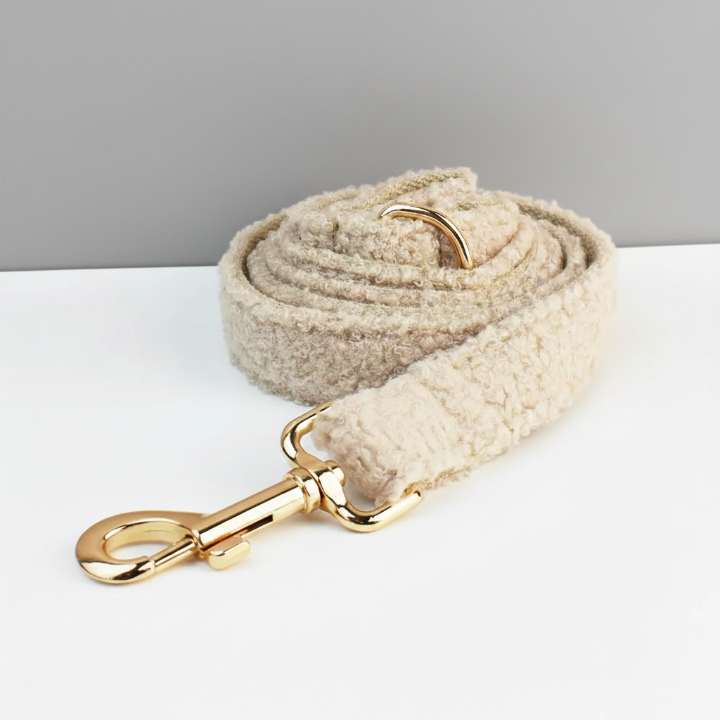 Beige dog leash with gold clip on a white surface