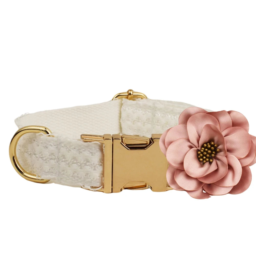 Dog collar with a pink flower accessory on a white background