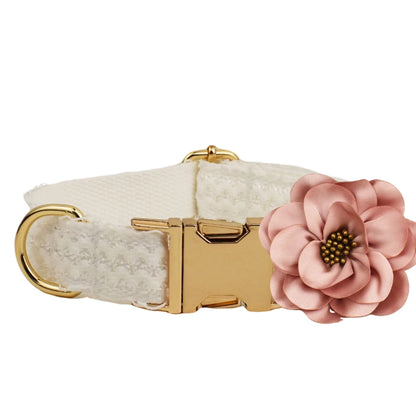 Dog collar with a pink flower accessory on a white background