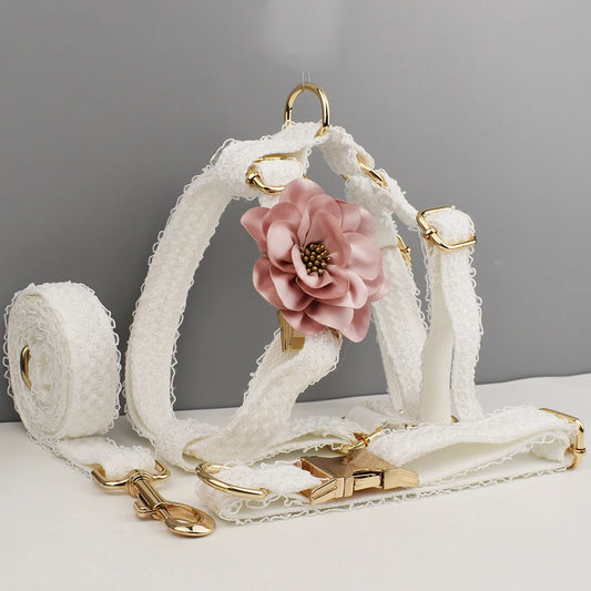 White lace dog collar with pink flower and gold hardware on a gray background