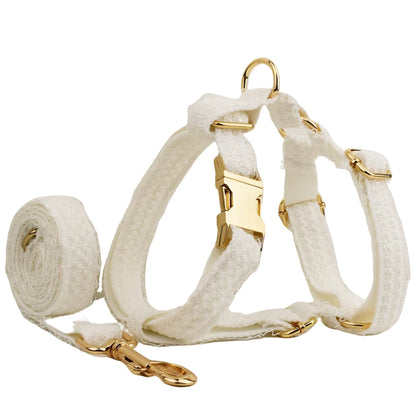 White dog harness with gold hardware on a white background