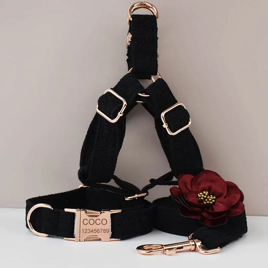 Black dog harness with gold hardware, a red flower accessory, and a COCO branded collar on a light gray background.